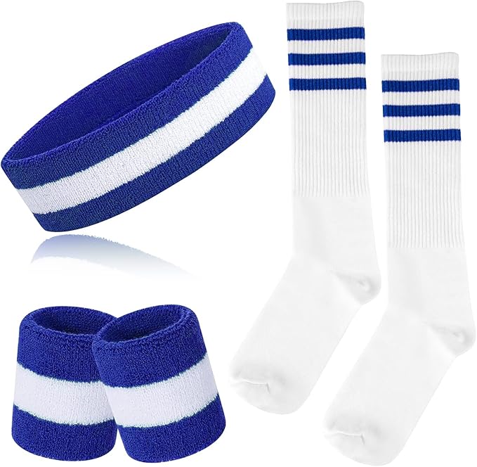 ONUPGO 5 Pieces Sweatbands Striped Socks Set Sports Headband Wristbands High Tube Socks 80s Accessories Costumes