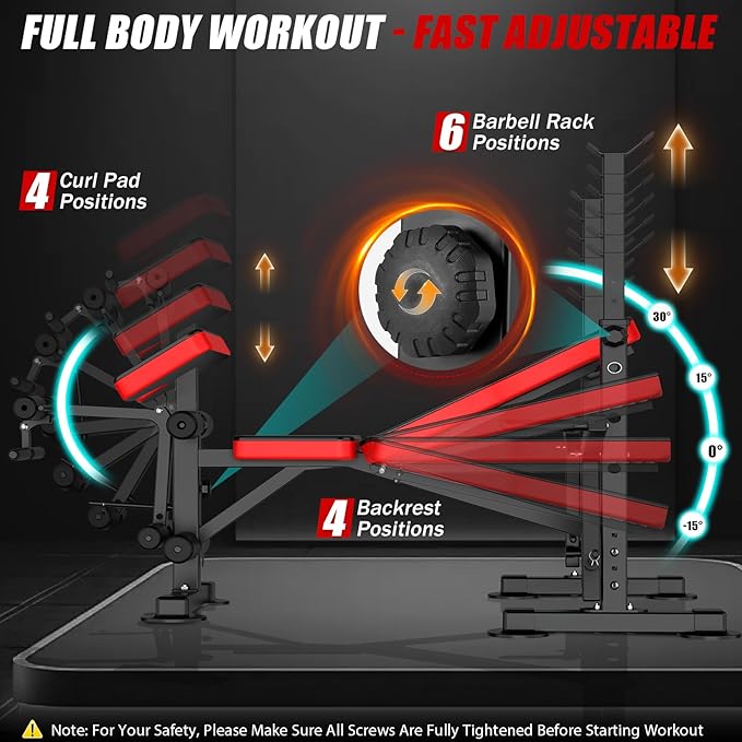 OPPSDECOR 6 in 1 660lbs Weight Bench with Leg Extension and Leg Curl, Foldable Bench Press Set and Squat Barbell Rack with Preacher Curl, Adjustable Workout Bench for Home Gym Strength Training PXZXYX1