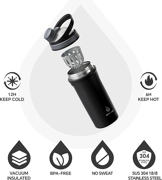 Ideus Protein Shaker Bottle 24oz(710ml) Insulated Stainless Steel Shaker Bottle with Silent Tritan Ball Portable Pre Workout Shaker Cups for Protein Shakes, Smoothies, Cocktails, Black