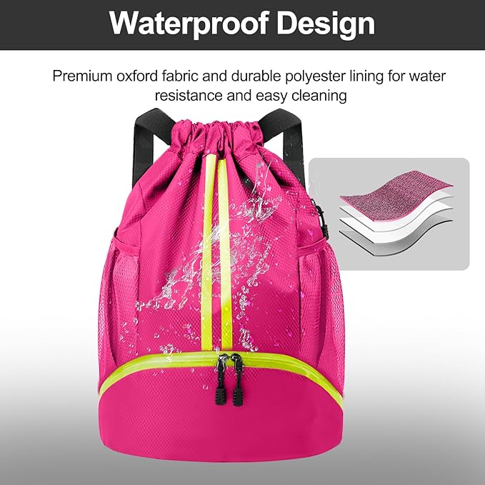 Hoedia Sports Drawstring Backpack - String Swim Gym Bag with Shoes Compartment and Wet Proof Pocket for Women and Men