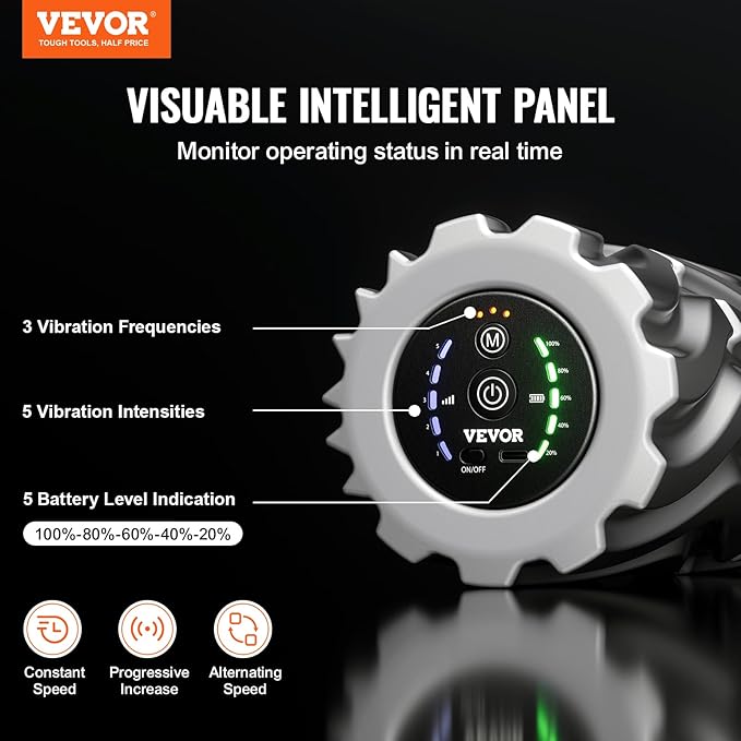 VEVOR Vibrating Foam Roller, 5-Speed Electric Massage Roller, 16" Rechargeable Muscle Roller with 3 Vibration Modes, High Density EVA Foam Massager for Deep Tissue, Back Pain Relief, Exercise Recovery