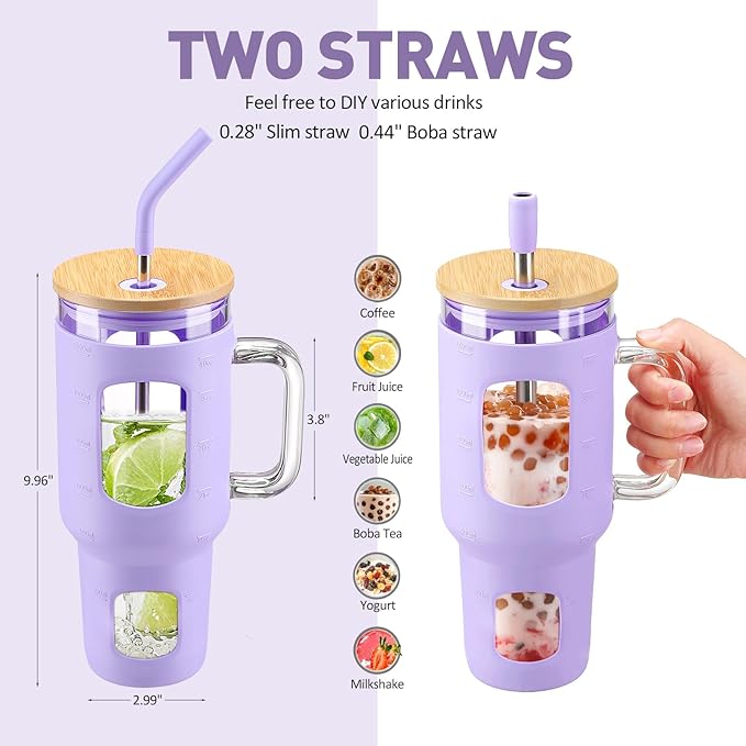 Glass Tumbler with Straw and Lid, 40 oz glass cup with handle, Glass Water Bottles with Time Marker, Silicone Protective Sleeve-Purple