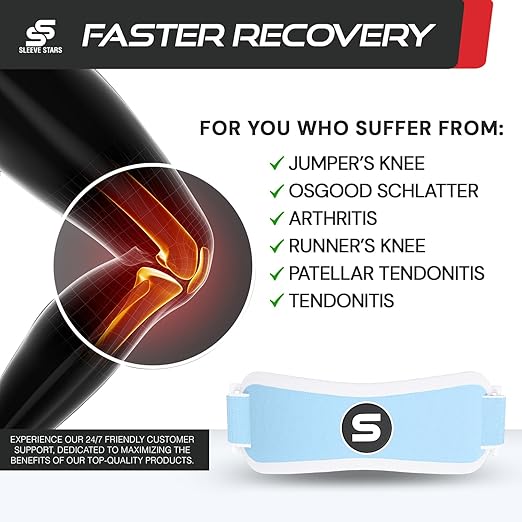 Sleeve Stars Swedish Brand Patellar Tendon Support Strap for Women & Men Effective Osgood Schlatter Knee Brace Youth & Kids Knee Brace with 3 Adjustable Length fits 12"-24" (Pair/Light Blue/Adult)