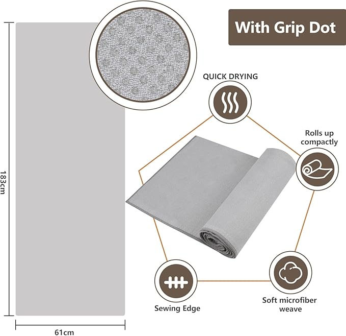 Hot Yoga Towel with Grip Dot, 72" x 24", Absorbent Microfiber Non Slip Yoga Mat Towel for Hot Yoga, Bikram, Pilates, Exercise and Fitness, Grey