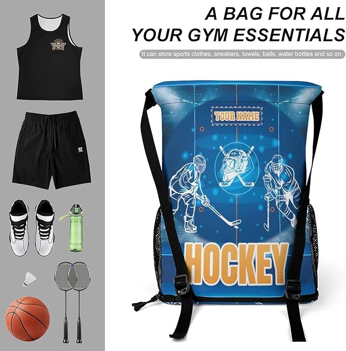 Custom Hockey Drawstring Backpack - Cool Cinch Sack, String Backpacks with Pocket for Kids Women Men Boys Girls for Gym Outdoor Sports Travel Athletic Drawstring Bag - Lightweight/Foldable
