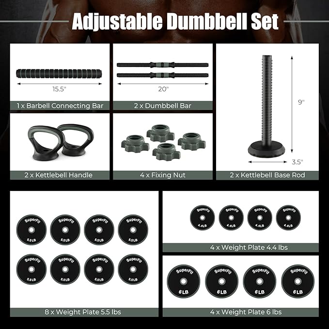 Goplus Adjustable Dumbbell Set, 92/47 LBS Free Weight Set, 4 in 1 Weights w/Connector Used as Barbell, Dumbbells, Kettlebells, Push up Stand, Fitness Workout Equipment for Men Women Home Gym