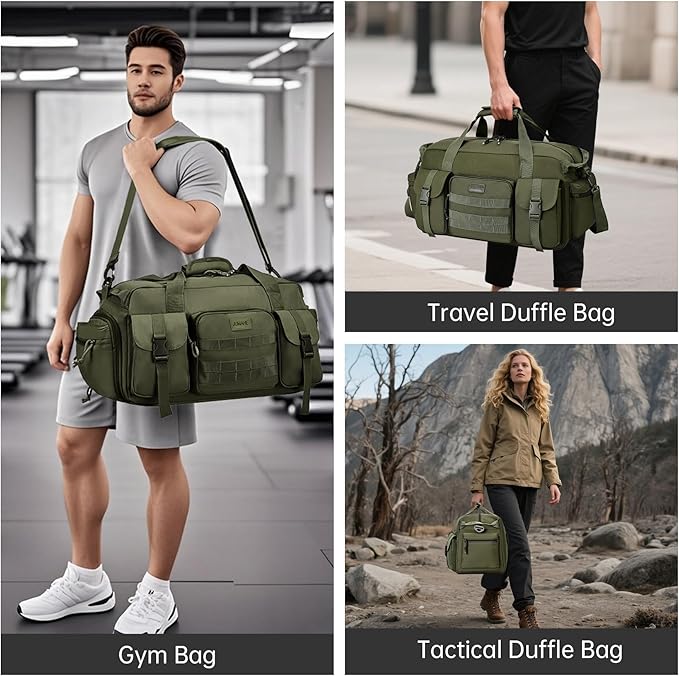 Duffle Bag for Men Women, Gym Bags & Tactical Duffle Bag with Shoe Compartment, Weekender Overnight Bag for Travel Workout, ArmyGreen