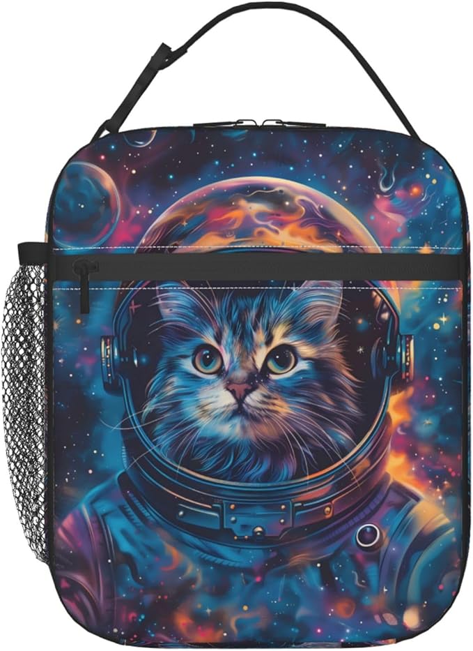 Cosmic Cat Polyester Lunch Box for Kids Teen,Cute Reusable Thermal Lunch Bag for Adult Women,Space Kitten Insulated Tote Cooler Bags for School,Work,Picnic,Travel,Captivating Galaxy Theme