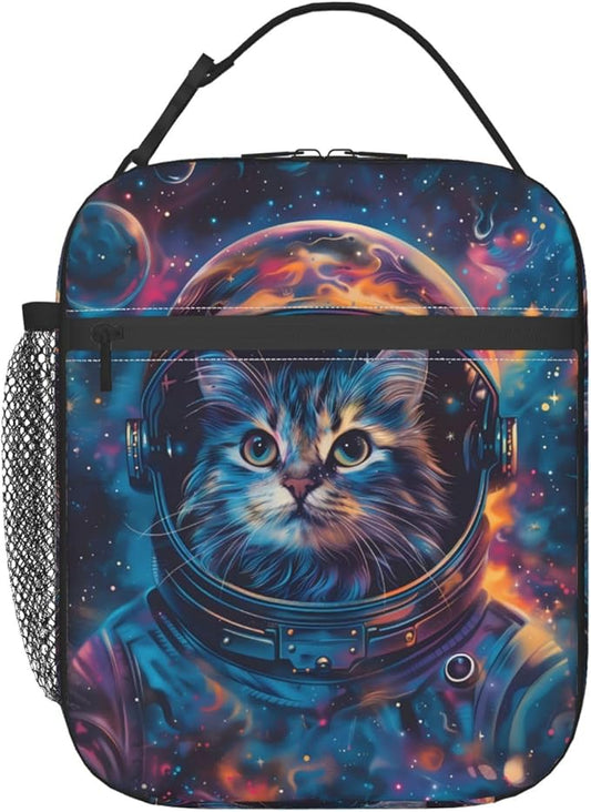 Cosmic Cat Polyester Lunch Box for Kids Teen,Cute Reusable Thermal Lunch Bag for Adult Women,Space Kitten Insulated Tote Cooler Bags for School,Work,Picnic,Travel,Captivating Galaxy Theme