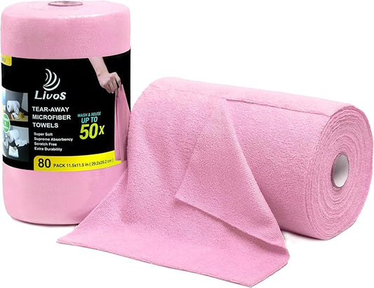 LIVOS Microfiber Cleaning Cloth Roll - 80 Pack, Reusable Paper Towels Pink Tear Away, Microfiber Towels for Cars, Super Absorbent Lint Free Cleaning Rags for House, Kitchen, Window-11.5"x11.5"
