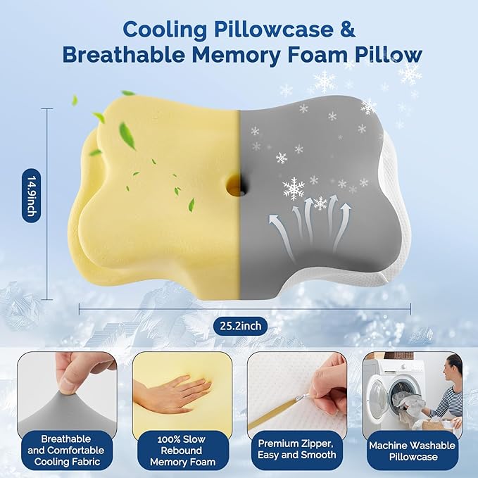 Cervical Neck Pillow, Ergonomic Side Sleeper Pillow for Neck Support, Cooling Memory Foam Pillows for Sleeping, Contour Orthopedic Bed Pillows for Side Back Stomach Sleepers with Removable Pillowcase