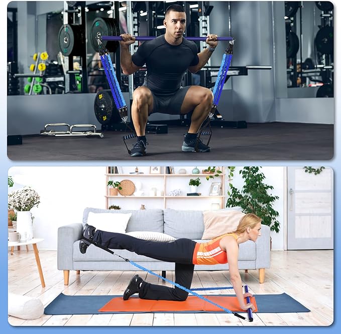 Hommie Portable Pilates Bar Kit with Resistance Bands for Men and Women，Upgraded 3 Section Pilates Bar with Resistance Bands (20-60lb) for Home Gym Equipment Supports Full-Body