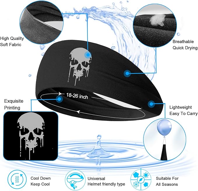 3pcs Sports Sweat Bands Headbands for Men Sweatbands Skull Workout Cooling Headbands for Men Women Running Headband Hairband Elastic Men's Head Sweat Band for Football