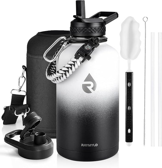 Insulated Water Bottle 64 oz, Triple Wall Vacuum Stainless Steel (Cold for 48 Hrs), Leak Proof & Non-BPA, Half Gallon Water Flask Jug with Paracord Handle & Straw Spout Lids, White/Black