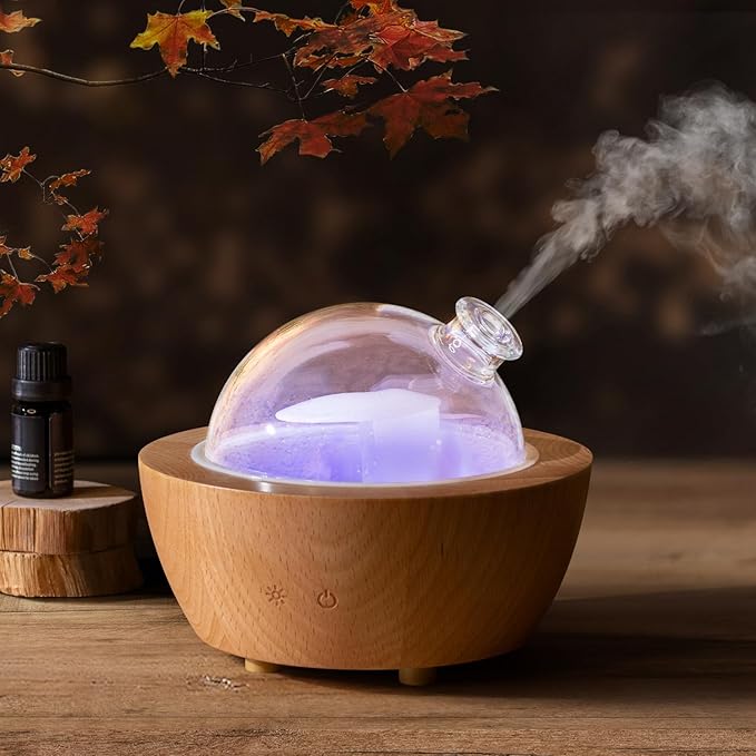 Wanlola 200ml Glass Essential Oil Diffuser with Natural Wood Base, Aromatherapy Diffusers for Home, Cool Mist Air Humidifier with 7 Color Lights for Office, Bedroom