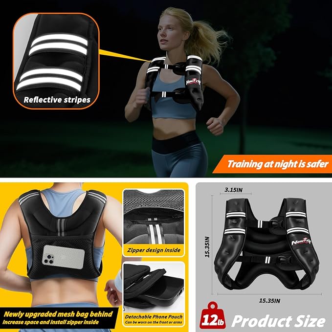 Weighted Vest Women & Men - 5lbs/8lbs/10lbs/12lbs/15lbs/20lbs/25lbs/30lbs Adjustable Weight Vest with Detachable Phone Pouch - Ideal for Rucking,Walking,Weight Loss,Training&Running