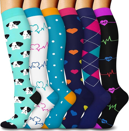 FuelMeFoot 6 Pairs Compression Socks for Women & Men 15-20mmHg Graduated Support Knee High Socks for Nurses, Travel, Athletic
