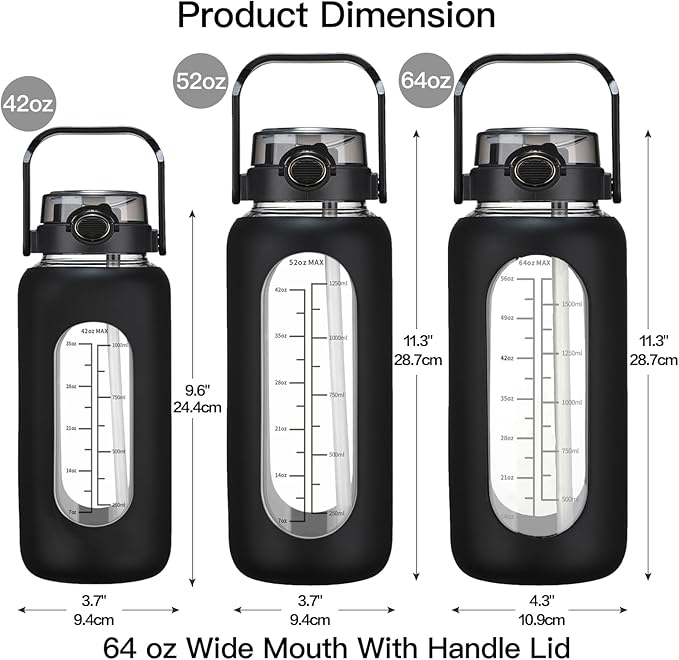 64oz Glass Water Bolttles with Straw Half Gallon Large Motivational Water Bottle with Time Marker Sports Water Bottles with Silicone Sleeve and Handle Lid Water Jug for Gym Workout