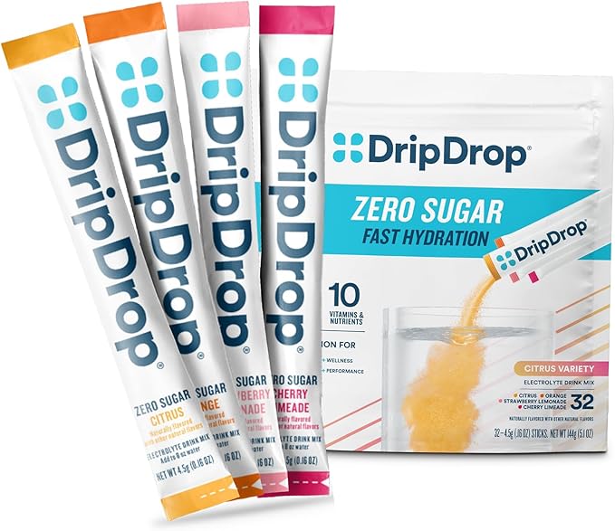 DripDrop Sugar Free Hydration Packets - Zero Citrus Variety Pack - Single Serve Electrolytes Powder Drink Mix - Cherry Limeade, Citrus, Orange, Strawberry Lemonade - Non-GMO, Gluten Free - 32 Sticks