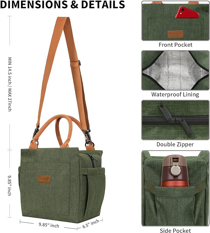 Joymee Lunch Bag Women Insulated Lunch Box with Adjustable Shoulder Strap Large Reusable Leakproof Spacious Cooler Tote for Women Men Adult with Bottle Holder and Side Pockets - Green