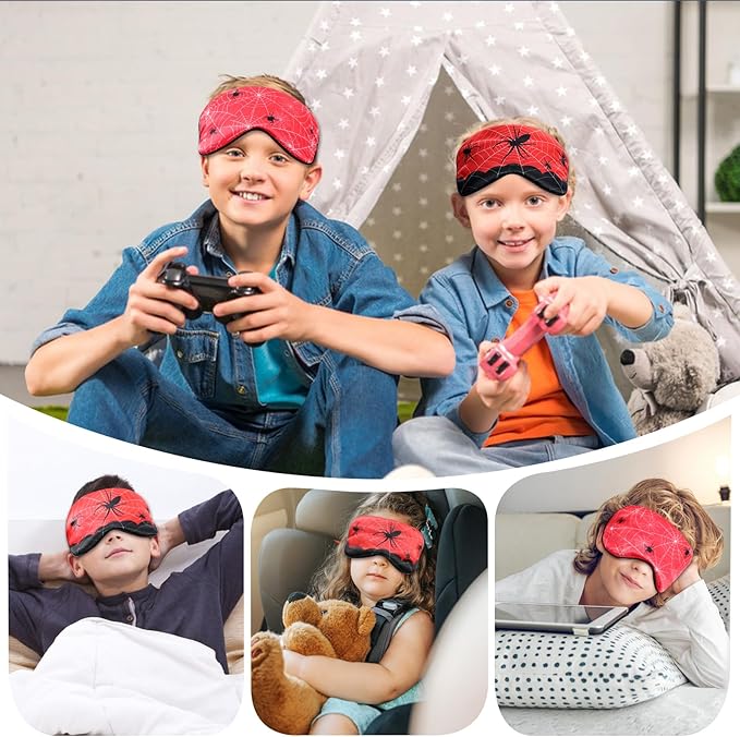 2 Pcs Sleep Mask for Kids Boys, Silk Eye Covers for Sleeping, Adjustable Strap & Light Blocking Design, Adult Children's Bedtime Blindfold for Travel and Home Use (Spider)