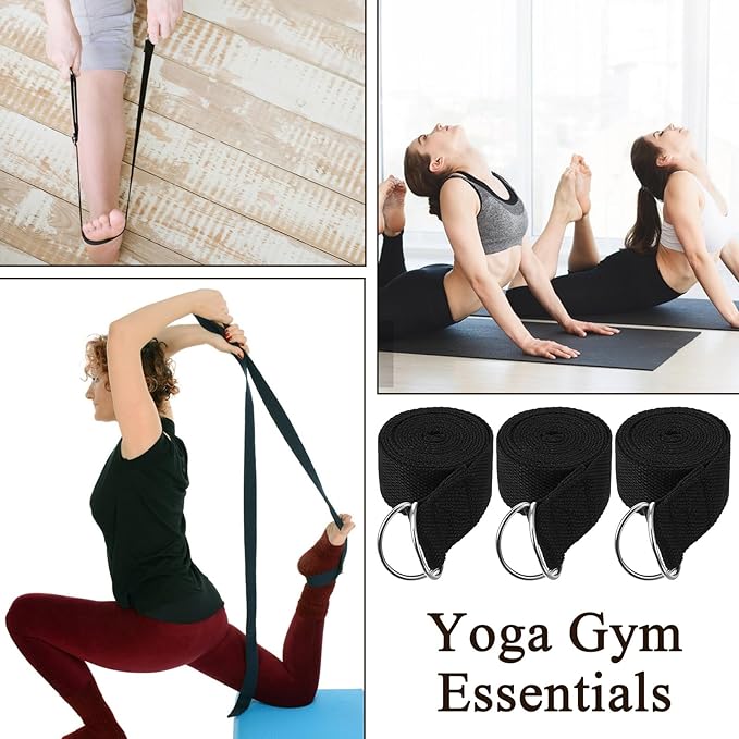 10 PCS Yoga Belt Strap for Stretching, Exercise Belt with Metal D Ring, 6 Feet Yoga Stretching Strap with Loops, Adjustable for Gym, Pilates & Physical Therapy, Black