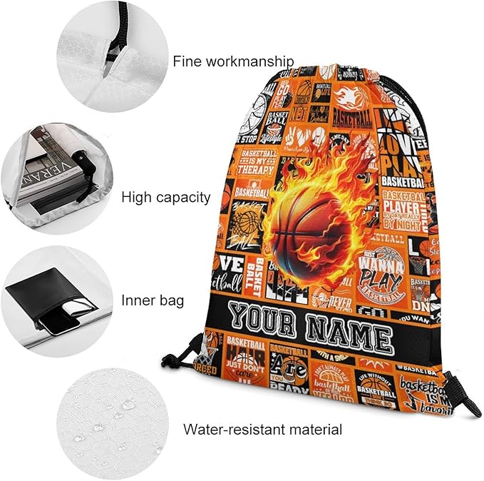 Custom Basketball Drawstring Backpack - Cool Cinch Sack, String Backpacks for Kids Women Men Boys Girls for Gym Outdoor Sports Travel Athletic Drawstring Bag - Lightweight/Foldable