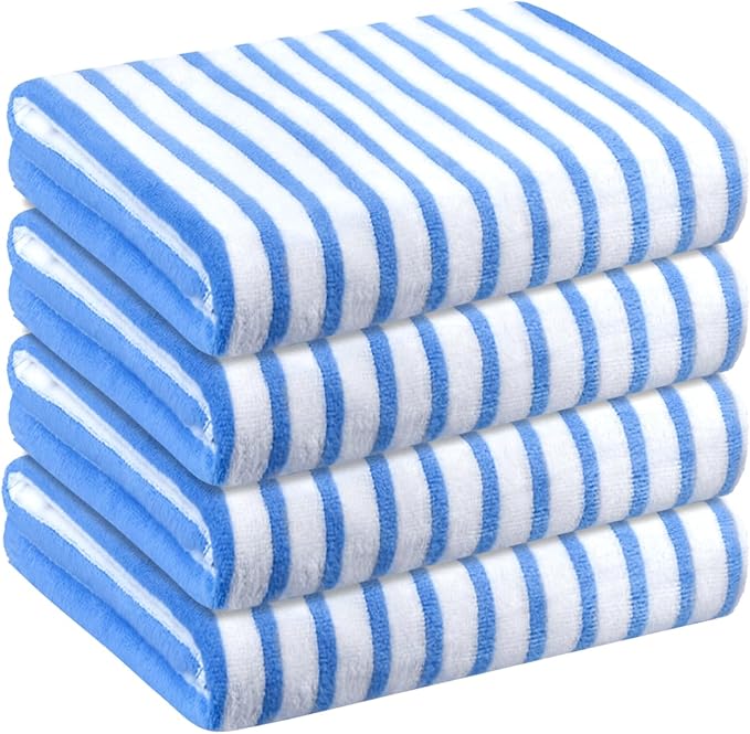 JML Beach Towels, Microfiber Bath Towel Set, Cabana Stripe, Absorbent, Quick Dry for Adult, Travel, Summer, Sport, Swimming, Pool, Yoga, Camping, 4 Pack, 30" x 60", StripeBlue
