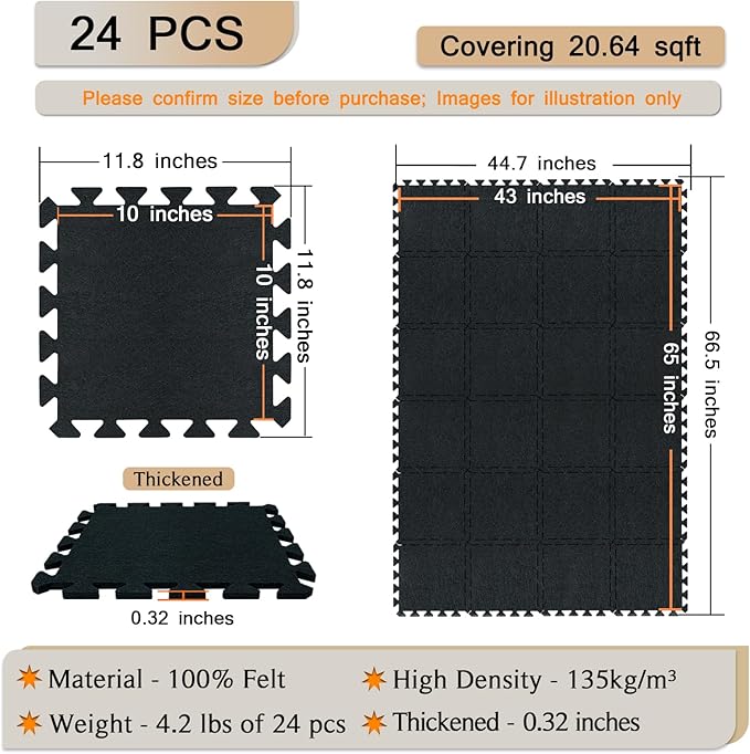 BXI Puzzle Exercise Mat 24 Pcs, 11 x 11 x 0.32 inches, High Density Noise Reduction Puzzle Felt Rug Mat, Non Slip Interlocking Floor Tiles for Workout, Gymnastics and Home Gym Protective Flooring