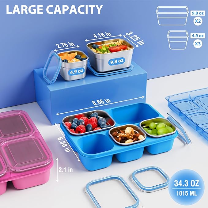Freshmage Stainless Steel Snackle Box Container, 5 Compartment Lunch Bento Box, Reusable Food Storage Snack Box for School, Work, and Travel, BPA Free and Dishwasher Safe, Blue (1 Pack)