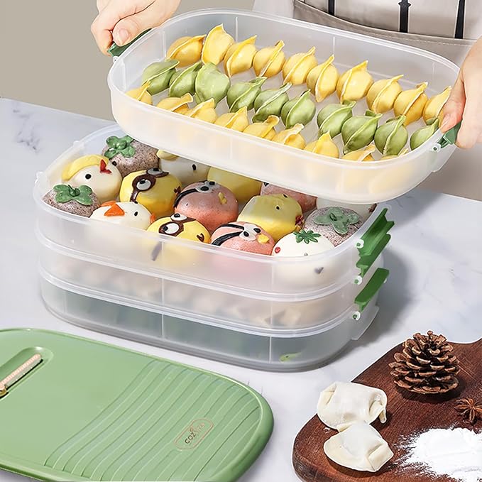 4-Layer Dumpling Storage Container – Freezer Organizer with Smart Timer, Good Sealing, Stackable Food Containers, Anti-Stick Base & Clip Lid (Green Lid & Transparent Box)
