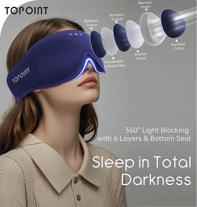 Sleep Mask with Headphones Bluetooth 5.4, TOPOINT 3D Eye Mask Blackout with Soft Bamboo Cotton for Side Sleepers Women Men, Sleep Headphones Earphones HD Speaker Microphone for Travel Meditation Gift