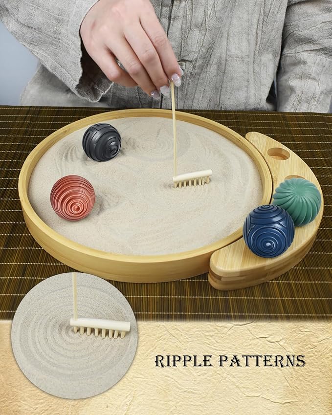 Artcome Jpanese Mini Zen Garden Kit for Desk - Bamboo Sand Tray with 4 Unique Zen Balls & Rake Tools - Relaxation and Meditation Sand Garden for Office, Home & Mindfulness Therapy - Ideal for Gift