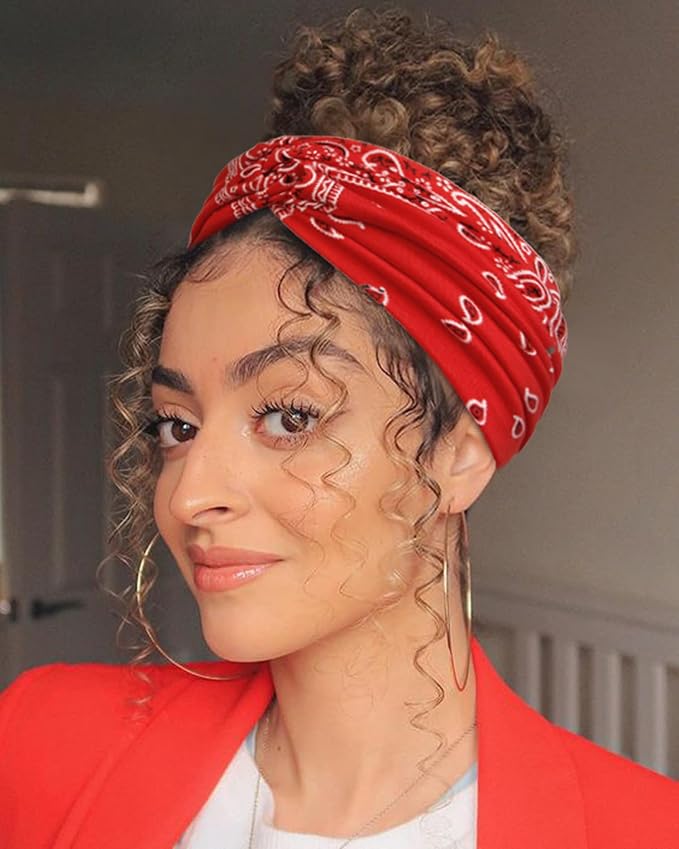 AKTVSHOW 7'' Wide Bandana Headbands for Women, 10 Pack Large Boho Paisley Turban Headband Fashion Non Slip Hairbands Thick Head Wraps Yoga Workout Hair Accessories