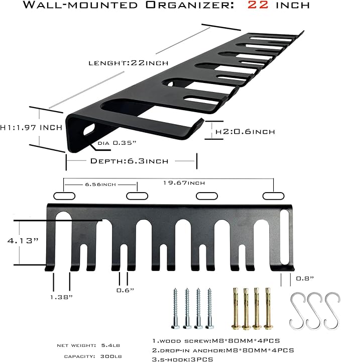 2-Tier Black Barbell Wall Rack + Dual-Mounted Vertical Olympic Barbell Wall Rack .（3 Hooks）. dumbbell rack.Concrete/Wood Screws.(not for 16-inch center walls)