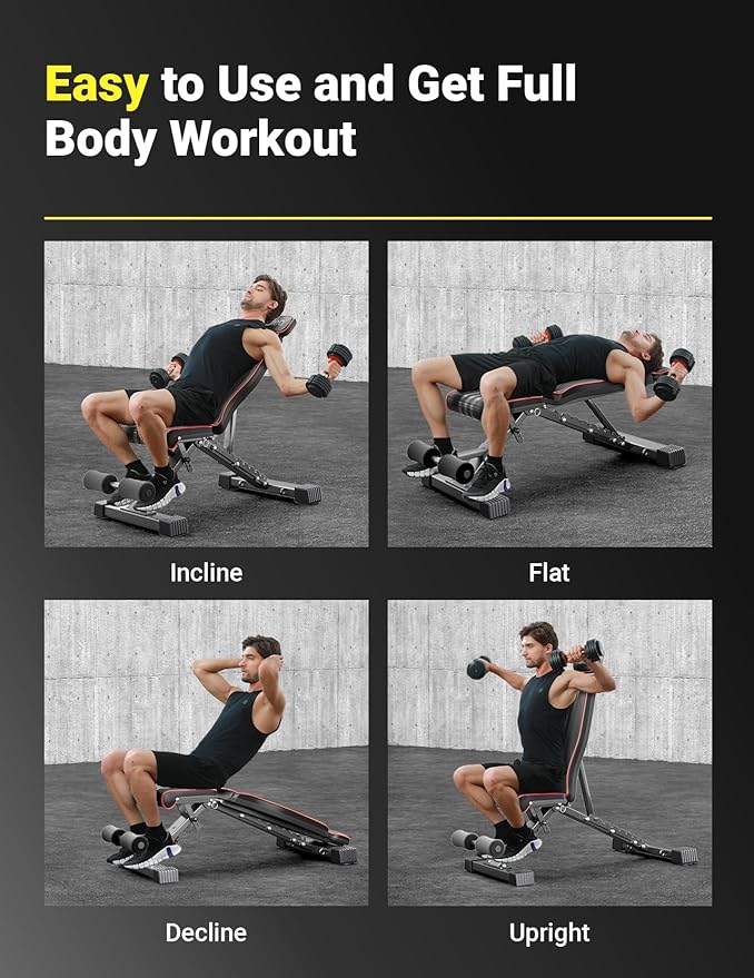 Yoleo Adjustable Weight Bench, 660LB Foldable Workout Bench with Extended Head/Neck Protection/Spine Support for Bench Press, Fast Folding Incline Decline Flat Bench