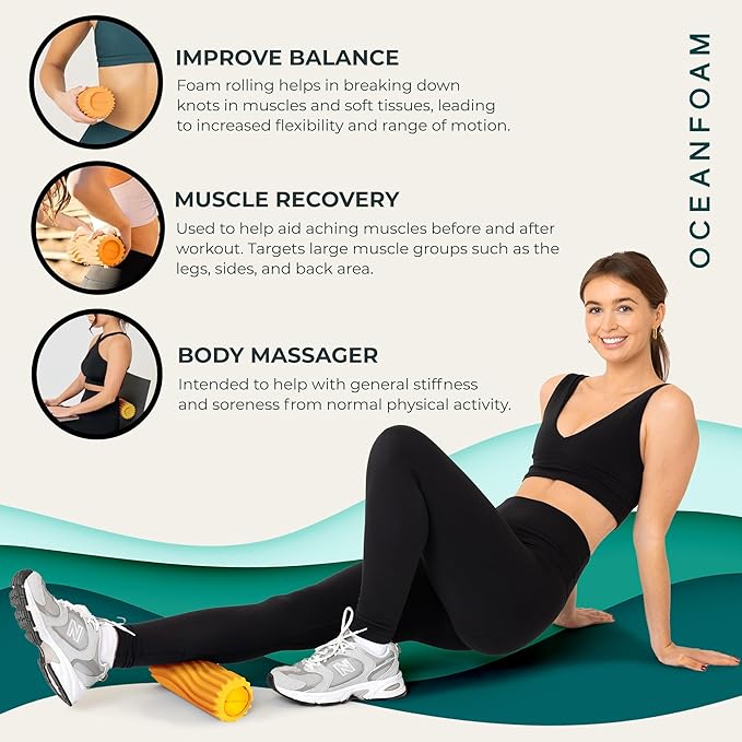 Oceanfoam Ripple Travel Foam Roller (11" x 3.35") Firm Mini Foam Roller for Physical Therapy, Deep Tissue Massage, Back Pain - High Density, Ergonomic Wave Textured - Yoga, Pilates, Exercise (Gold)