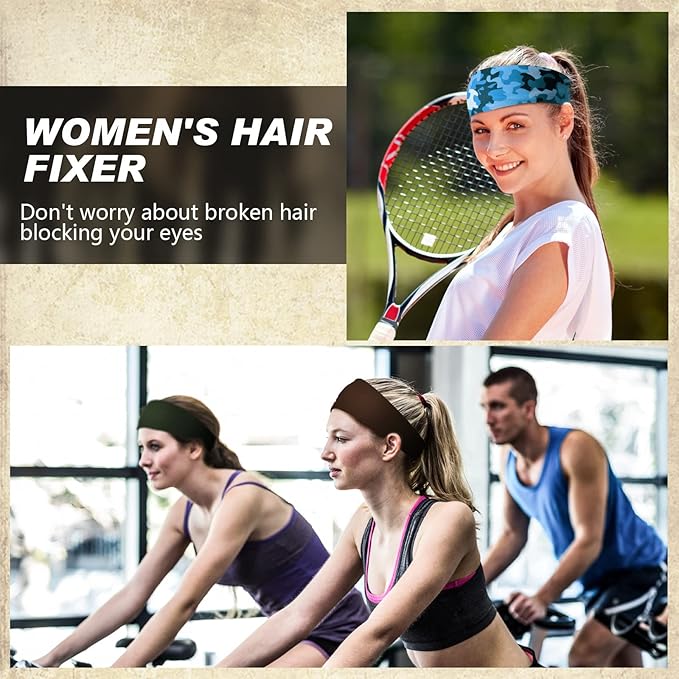 18 Pcs Sports Sweatbands for Men Women Camo Headbands Workout Non Slip Headbands Breathable Head Band Fitness Stretchy Unisex Hairband for Yoga Running Cycling Ball