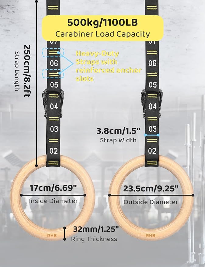 GHB Gymnastic Rings Wooden Gym Rings 1.25" Olympic Rings Adjustable Straps Pull Up Rings Sets for Workout Bodyweight Fitness Training