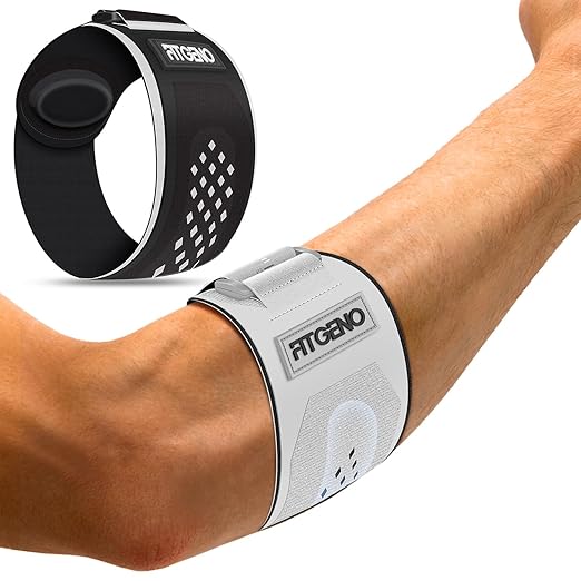 Fit Geno Elbow Brace for Tennis & Golfer's Elbow: Adjustable Elbow Strap for Tendonitis Pain Relief with Compression Pad - Support for Sports Men and Women - Forearm 10''-15.5'', 1 Pack, Gray