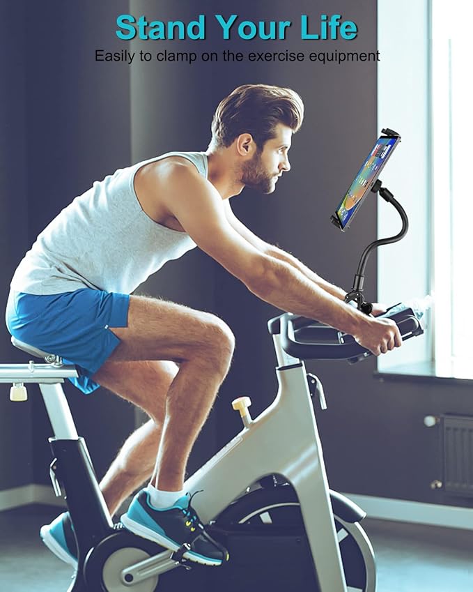 Gooseneck Indoor Cycling Tablet Mount, Spin Bike Tablet Holder for Stationary Treadmill Elliptical, 360° Rotation Handlebar Clamp for iPad Pro Mini Air, Galaxy Tab/Z Fold, iPhone,4-12.9" Device