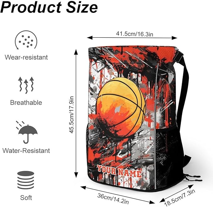 Custom Basketball Drawstring Backpack - Cool Cinch Sack, String Backpacks with Pocket for Kids Women Men Boys Girls for Gym Outdoor Sports Travel Athletic Drawstring Bag - Lightweight/Foldable