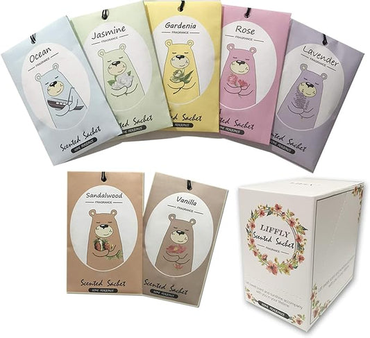 14 Packs Scented Sachets for Drawers and Closets Lavender, Rose, Jasmine, Ocean, Vanilla, Sandalwood, Gardenia 7 Scent