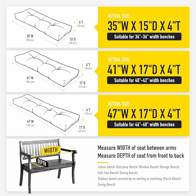 SUNROX LokGrip Non Slip Tufted Memory Foam Bench Cushion, FadeShield Water Resistant Durable Thicken Outdoor/Indoor Bench Seat Pads 30x14x4 inch, Heather Indigo