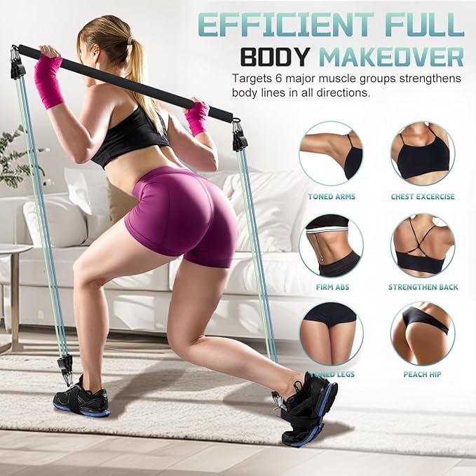 VEICK Pilates Bar Kit with Resistance Bands, Elastic Workout Bands for Men and Women, Set of 5 Resistance Loop Bands for Home Fitness, Stretching, Strength Training, Physical Therap