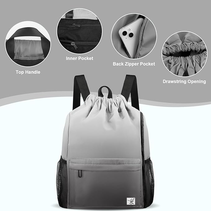 Drawstring Backpack with Mesh Pockets String Gym Bag Sackpack Sandproof Water Resistant Beach Backpack for Men Women