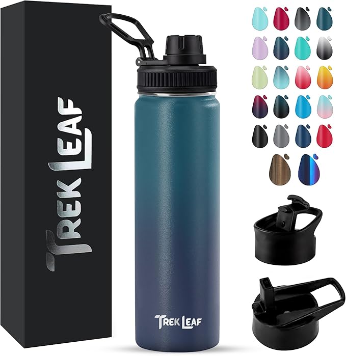 Travel Water Bottle with 3 Lids (Spout, Straw, Flip) Leak Proof, Quality, Vacuum Insulated, Stainless Steel (Deep Water, 22 oz)