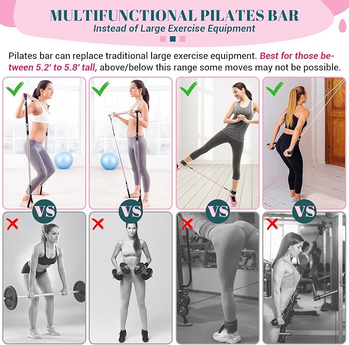 Pilates Bar Kit with Resistance Bands, Multifunctional Yoga Pilates Bar with Heavy-Duty Metal Adjustment Buckle, Portable Home Gym Pilates Resistance Bar Kit for Women Full Body Workouts