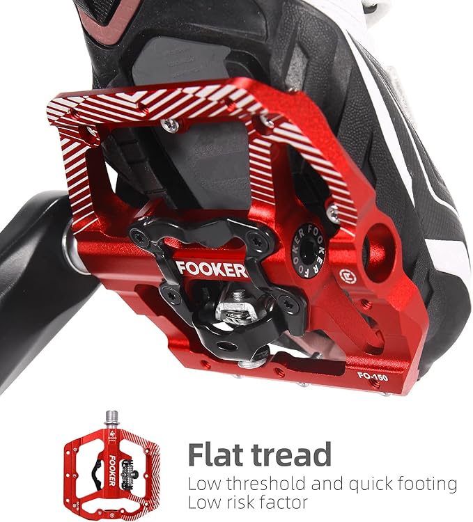 FOOKER MTB Mountain Bike Pedals 3 Bearing Flat Platform Compatible with Dual Function Sealed Clipless Aluminum 9/16" Pedals with Cleats for Road