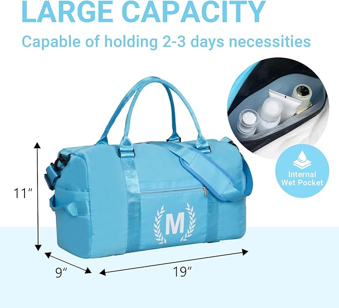 Gym Bag for Women, Personalized Duffle Bag with Shoe Compartment, Sports Bag for Yoga & Dance with Wet Pocket and Mat Strap(AquaBlue,X)